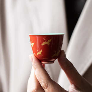 功夫茶具主人杯单杯 故宫红仙鹤茶杯陶瓷家用品茗杯喝茶小杯子中式
