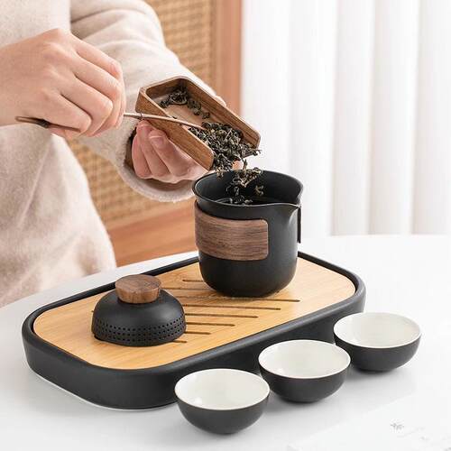 便携式旅行茶具套装一壶三杯日式随身粗陶快客杯户外露营茶壶茶杯