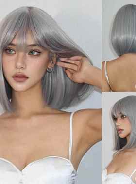 银色假发女齐刘海短发银灰色时尚新款机械感欧美风cos一刀切头套