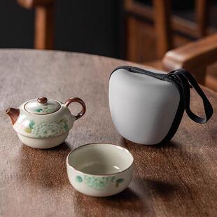 汝窑绣球花旅行茶具套组开片可养户外可携式 快客杯外出车载泡茶器