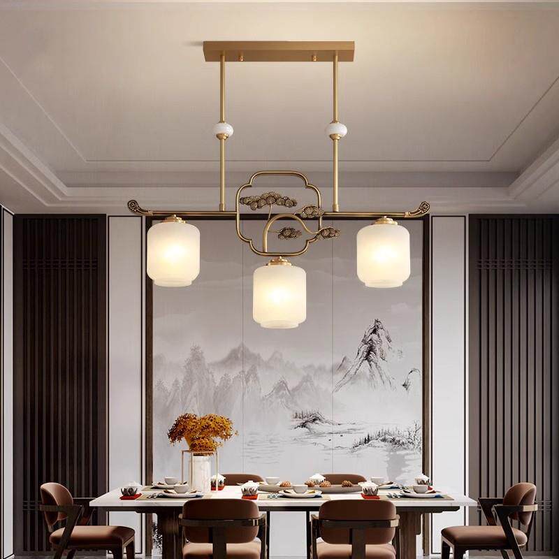 新中式全铜餐厅吊灯三头茶桌长条形设计师禅意书房玄关茶室吧台灯