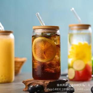 20oz热升华玻璃杯梅森罐带盖子高硼硅可乐杯竹盖水杯