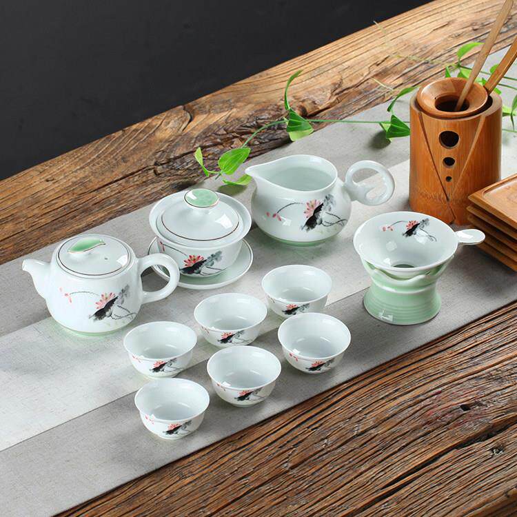 青瓷功夫茶具套装荷花竹子白瓷描金盖碗茶壶茶杯客厅泡茶器釉下彩