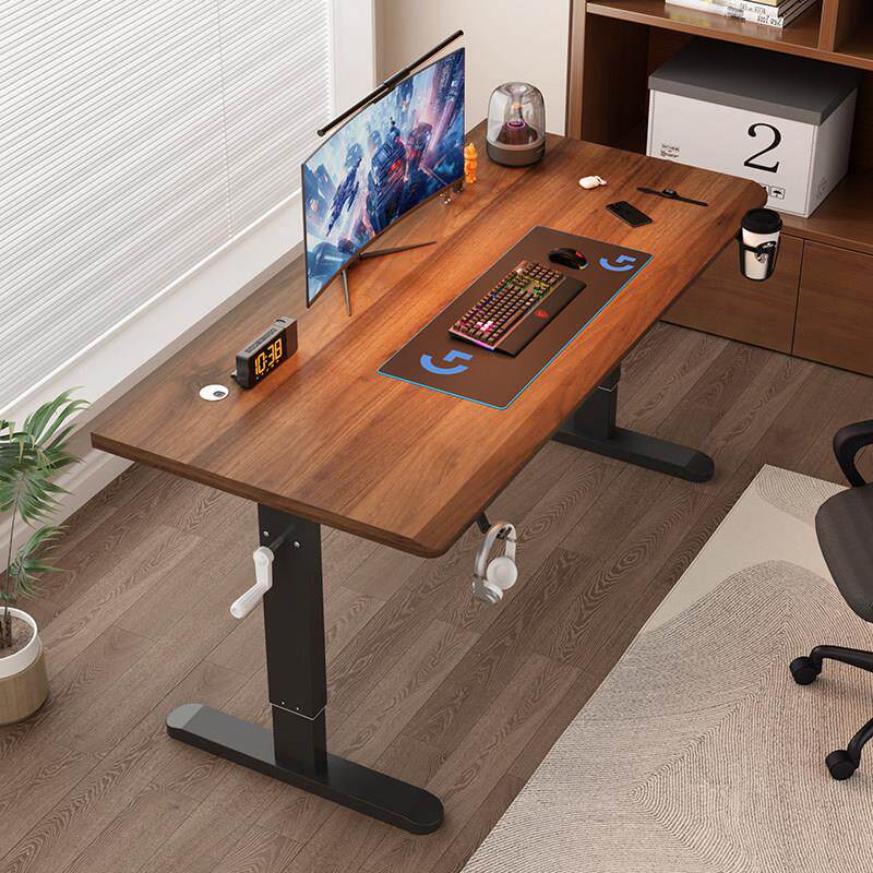 实木升降桌家用电脑桌台式桌子工作台书桌学生家用手摇调节办公桌