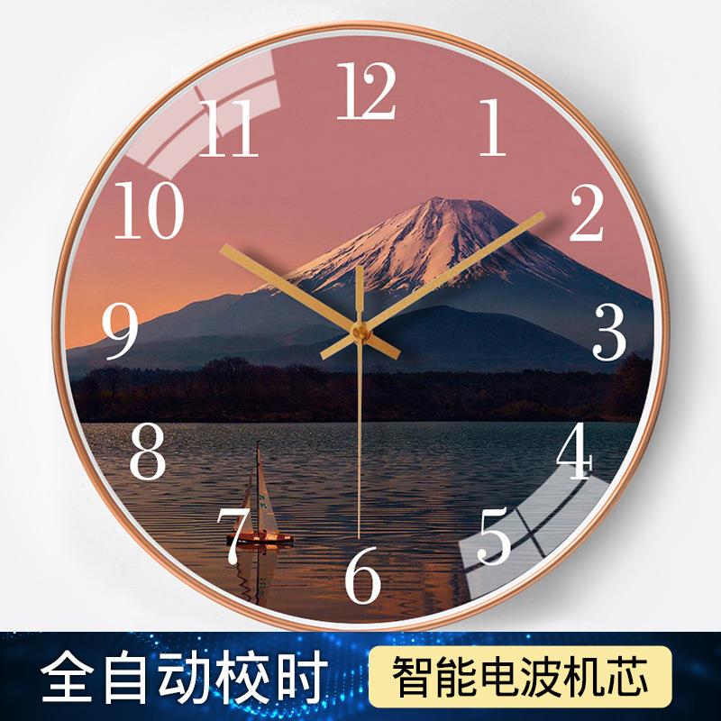 【1寸21021金框英30cm】创意动对时电波钟家用客钟厅卧自室静音电