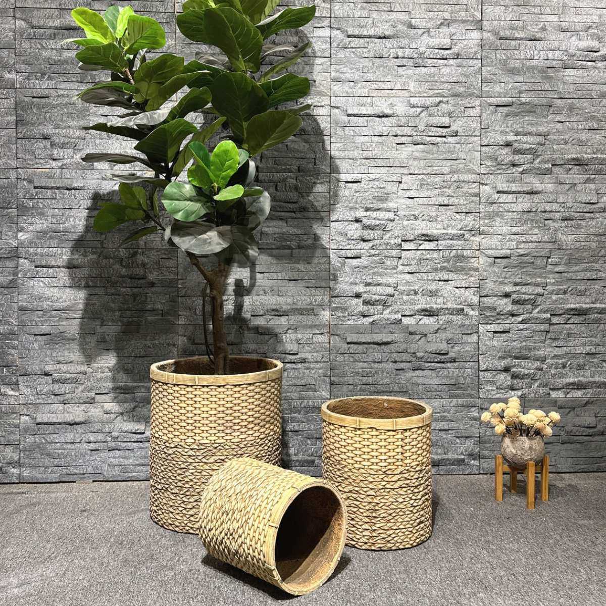水泥花盆创意竹编编织家居装饰办公室田园艺术室内绿植落地手工