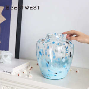 bestwest新款中古风蓝紫色纯手工艺术大肚玻璃花瓶水养插花器摆件