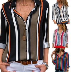Tops Chiffon Casual Neck Striped Shirt Sleeve Long Ladies