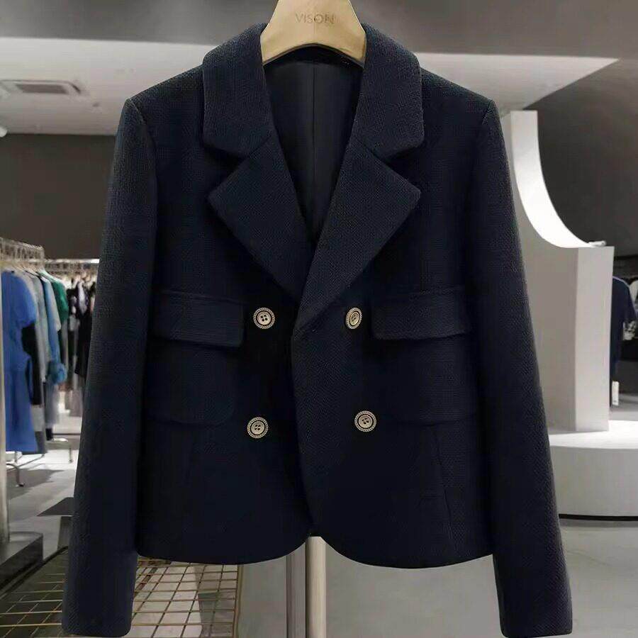LILY MOST蓝黑色复古高端毛呢短款西装外套女2025新款秋冬季西服
