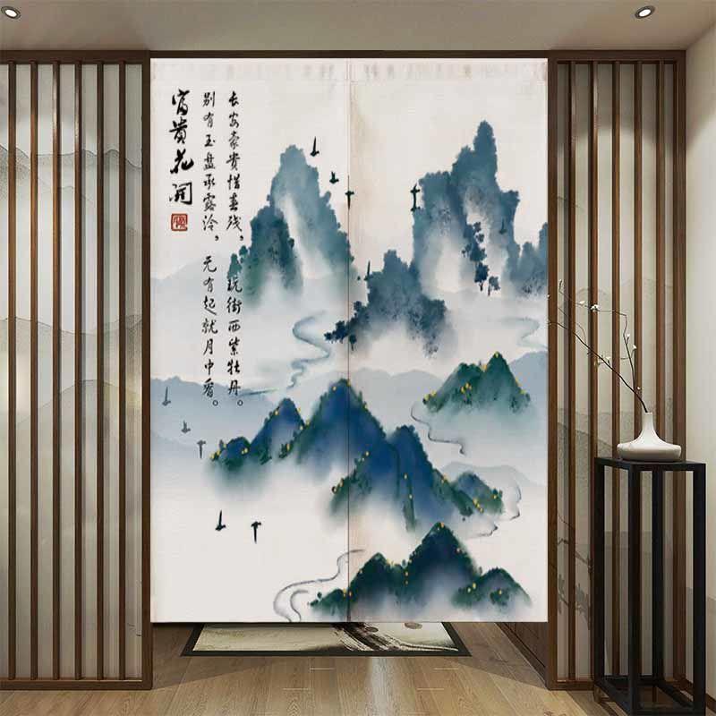 中式山水门帘隔断帘布艺玄关卧室茶馆办公室厕所布帘风水帘子半帘