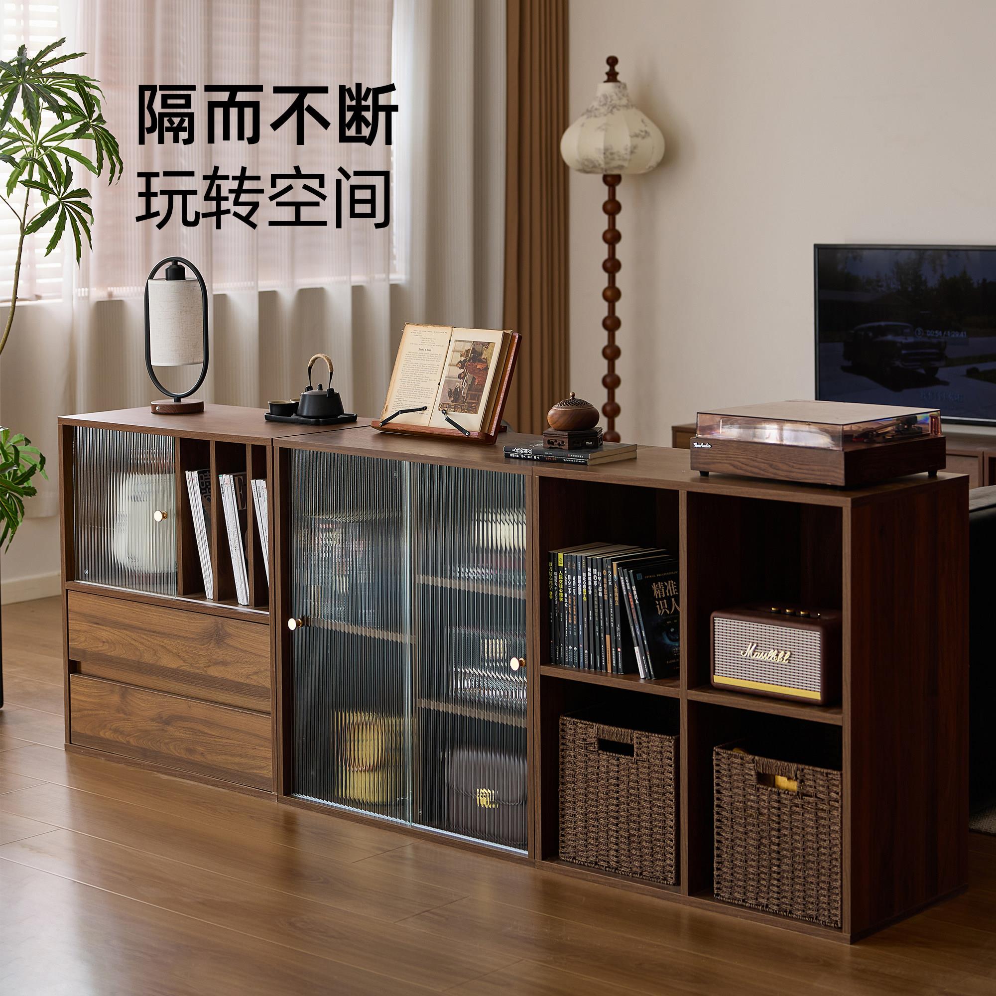 懒生活复古半墙书柜自由组合柜实木黑胡桃落地沙发后靠山柜隔断柜图片