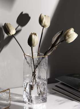 网红ins描金方形玻璃花瓶摆件透明水养插花轻奢客厅餐桌水培花器