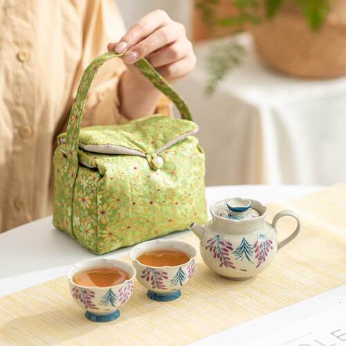 草木灰手绘紫藤花旅行茶具一壶两杯户外便携陶瓷泡茶壶喝茶杯套装