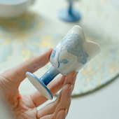 高足主人杯雾蓝纯手绘堆雕花莲荷韵陶瓷个人专用茶杯品茗单杯