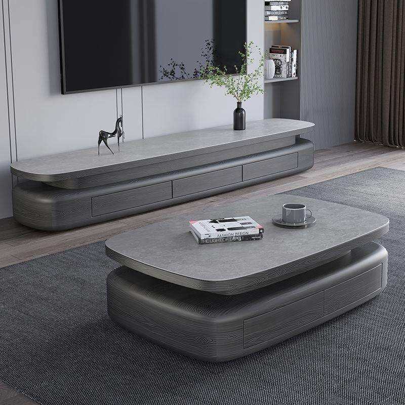 现代简约椭圆形岩板茶几电视柜组合客厅家用大小户型意式储物地柜