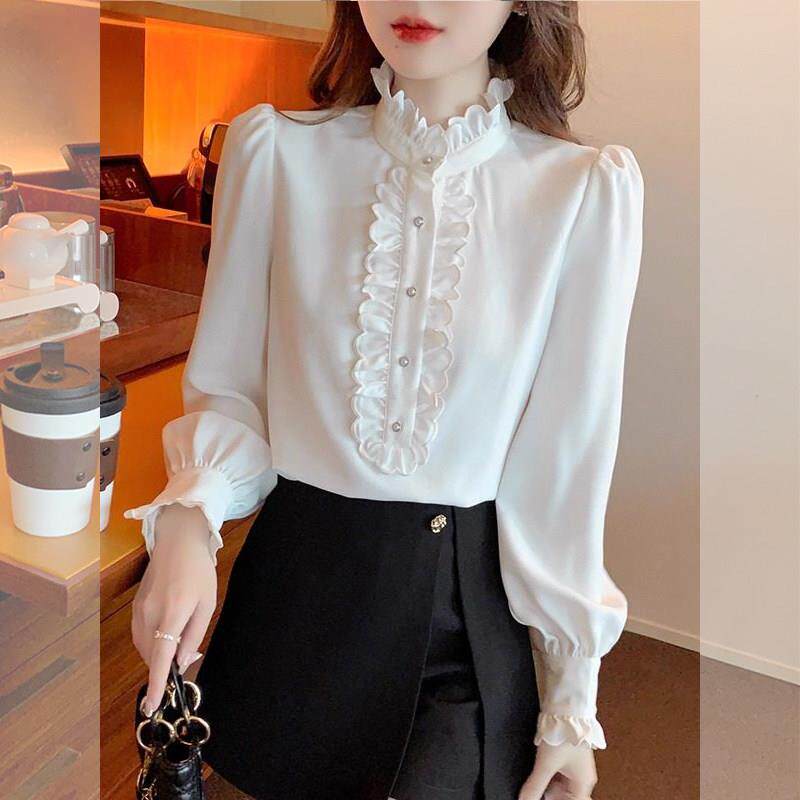 欧洲站宫廷风立领荷叶边雪纺衬衫女2026新款春秋高级感长袖上衣潮