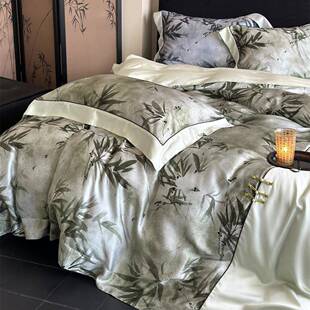 新中式 印花被套纯棉床上用品 国风长绒棉四件套竹子水墨数码