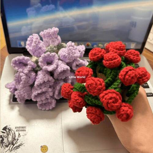 毛毯花束迷你玫瑰铃兰花束杯垫新款手工钩针diy材料包送女友礼物
