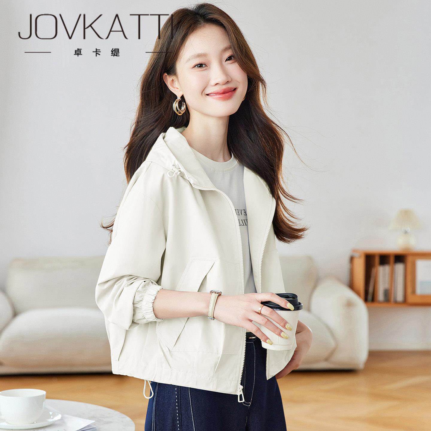 JOVKATTI米白色连帽短款外套女2026春季通勤休闲宽松显瘦夹克上衣