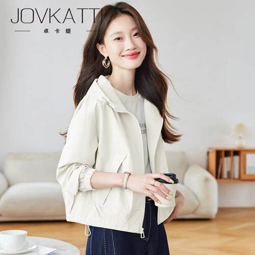 JOVKATTI米白色连帽短款外套女2026春季通勤休闲宽松显瘦夹克上衣