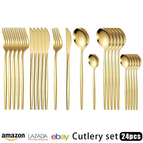 Cutlery set不锈钢刀叉套装24件套餐具套装金色牛排刀叉勺子6人份