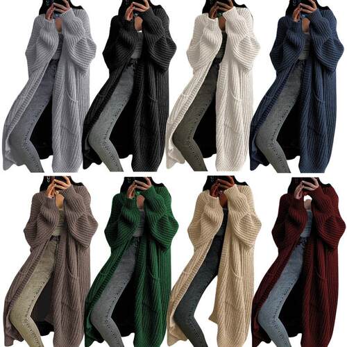 Knitted long sleeved cardigan, mid length pocket jacket