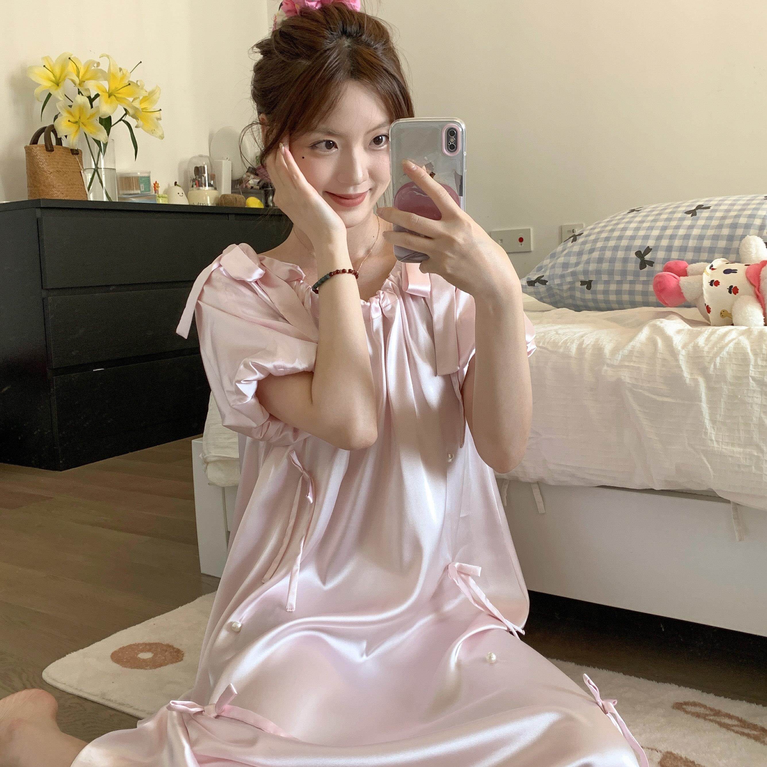 大尺码胖MM冰丝绸睡裙女夏季2025新款高级感宽松睡衣家居服长裙夏