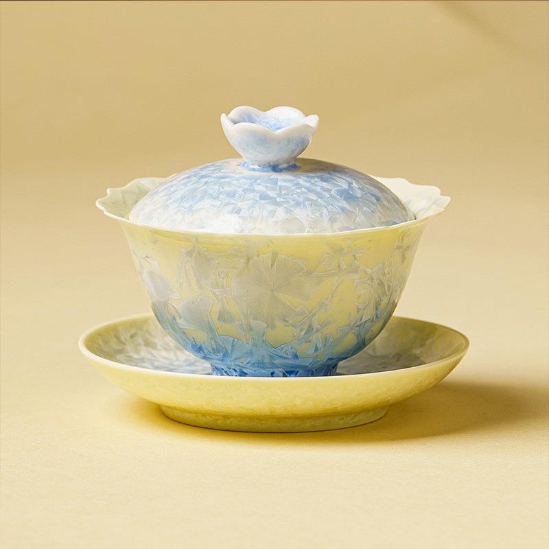 窑变冰花三才盖碗结晶釉茶具泡茶碗家用大容量不烫手盖碗送礼刻字