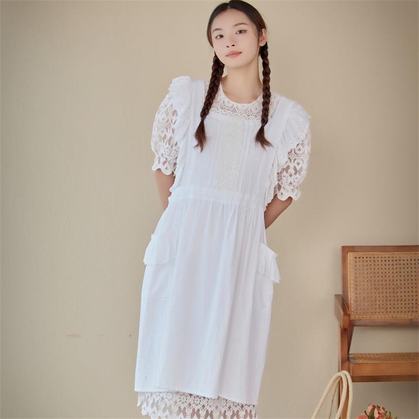 新款白色美式复古蕾丝刺绣花边围裙外贸家居纯棉鲜花系带家用