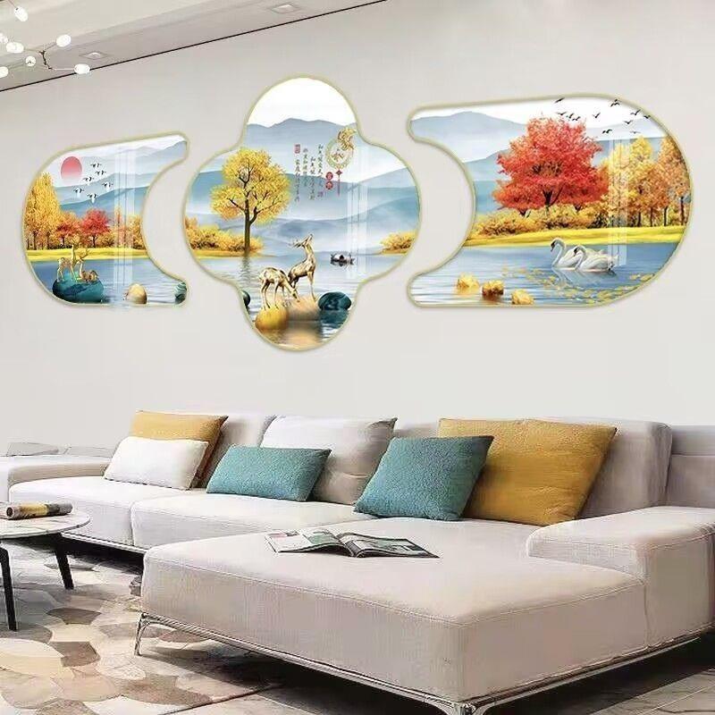 新款中式客厅装饰画异形六边形三联挂画大气招财晶瓷山水背影墙