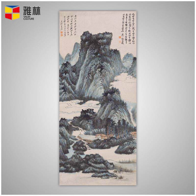 新中式玄关装饰画张大千山水画芯客厅竖版无框画名家字画卷轴