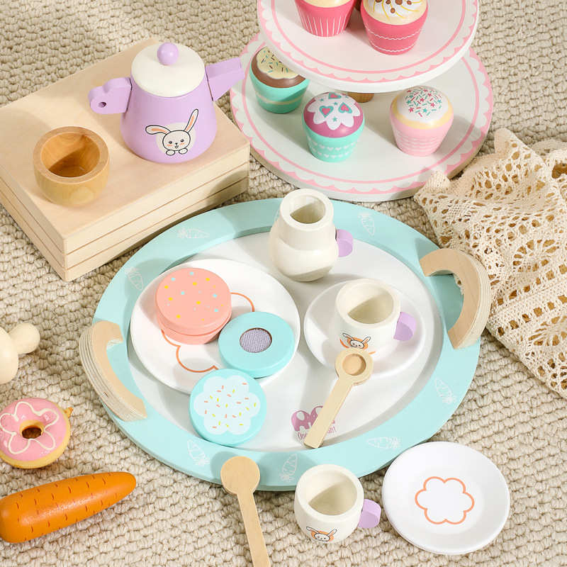 跨境儿童下午茶糕点木质仿真过家家电饭锅面包机早茶组合玩具