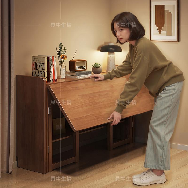 实木可折叠书桌书柜一体家用小户型多功能电脑桌现代简约工作台