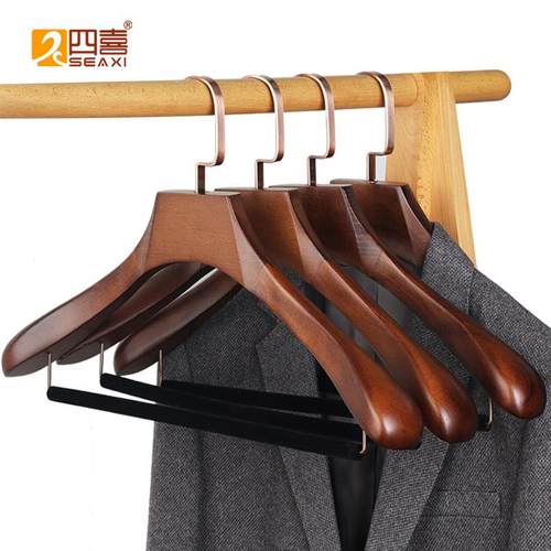 实木衣架黑胡桃木色西装大衣挂宽肩无痕防滑家用衣柜黄铜钩衣撑官
