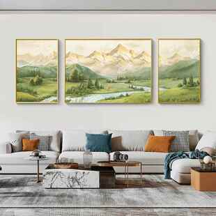 客厅装饰画三联沙发背景墙挂画油画风山水高级感大气背靠金山壁画