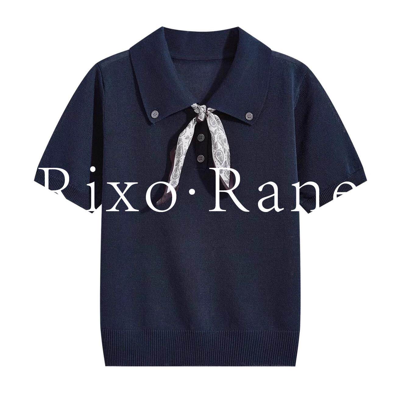 法国Rixo Rane?藏蓝色polo领正肩针织短袖t恤女丝巾冰丝半袖上衣