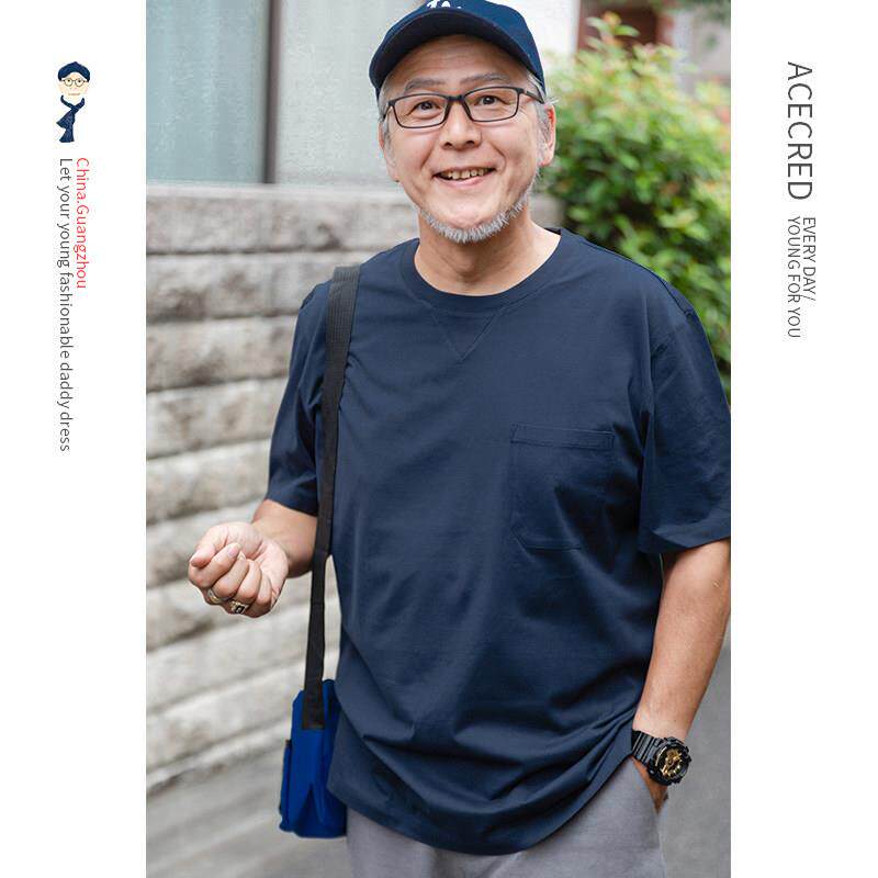 爸爸夏装短袖t恤中年男士纯棉薄款中老年人夏季衣服老人爷爷装