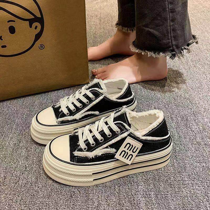 帆布鞋女鞋子2026新款春夏薄款透气厚底两穿一脚蹬小白鞋休闲板鞋