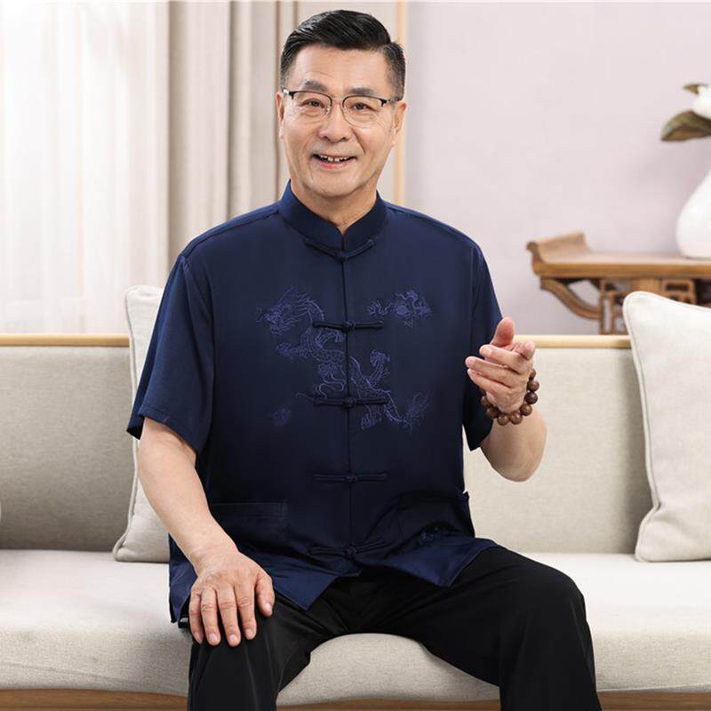 唐装中老年人男夏季薄款冰丝短袖套装爷爷生日过寿衣服爸爸中国风