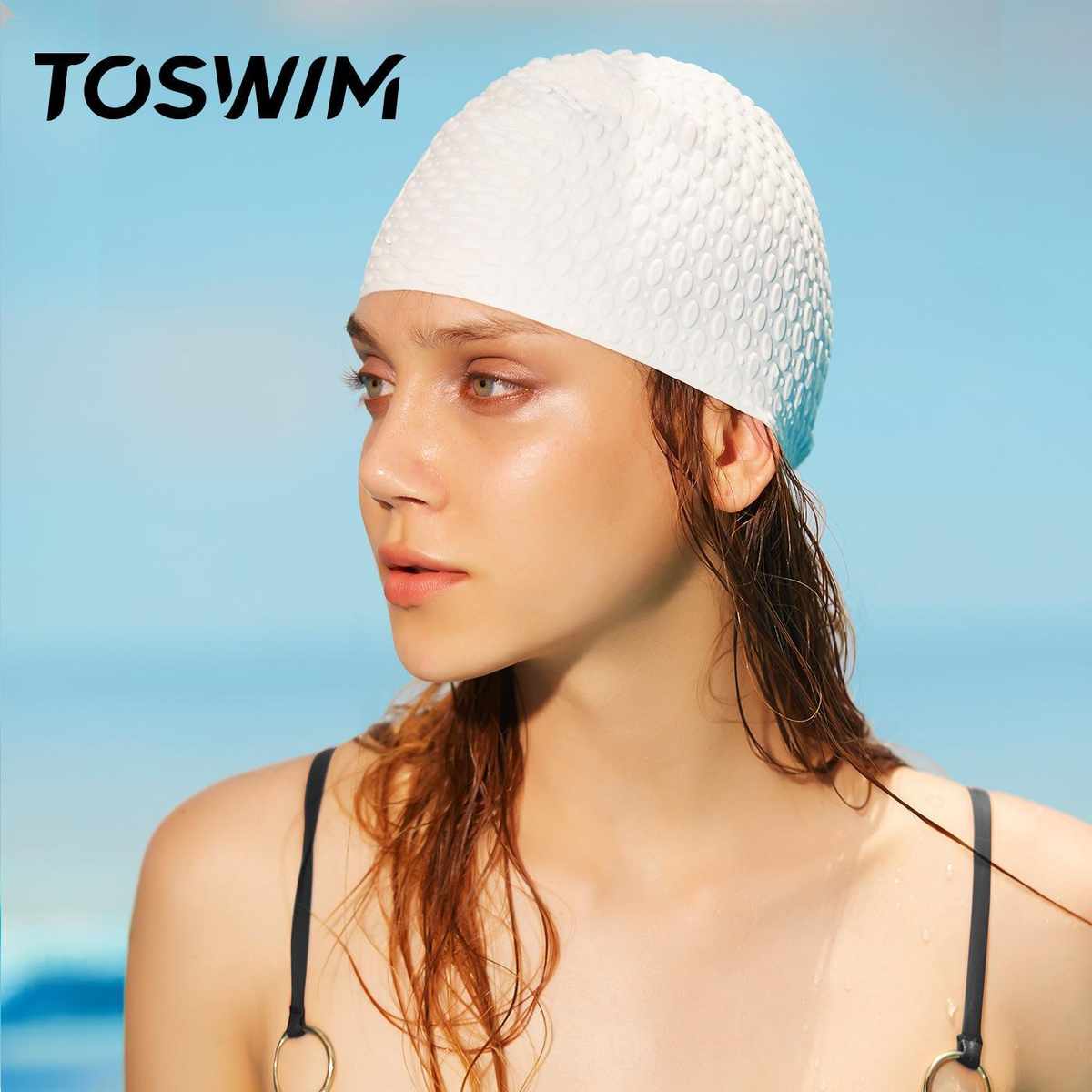 TOSWIM拓胜泳帽 女长发成人大号防水护耳泡泡帽 时尚女硅胶泳帽