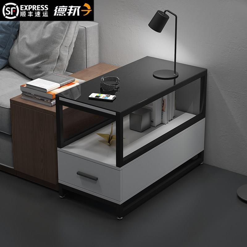 极简现代客厅边几小户型适用 钢化玻璃边柜暖白黑胡桃款