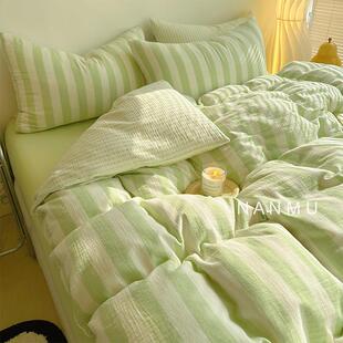 遇见春天|超软糯A类简约条纹全棉皱布纱四件套清新绿色1.8床笠款