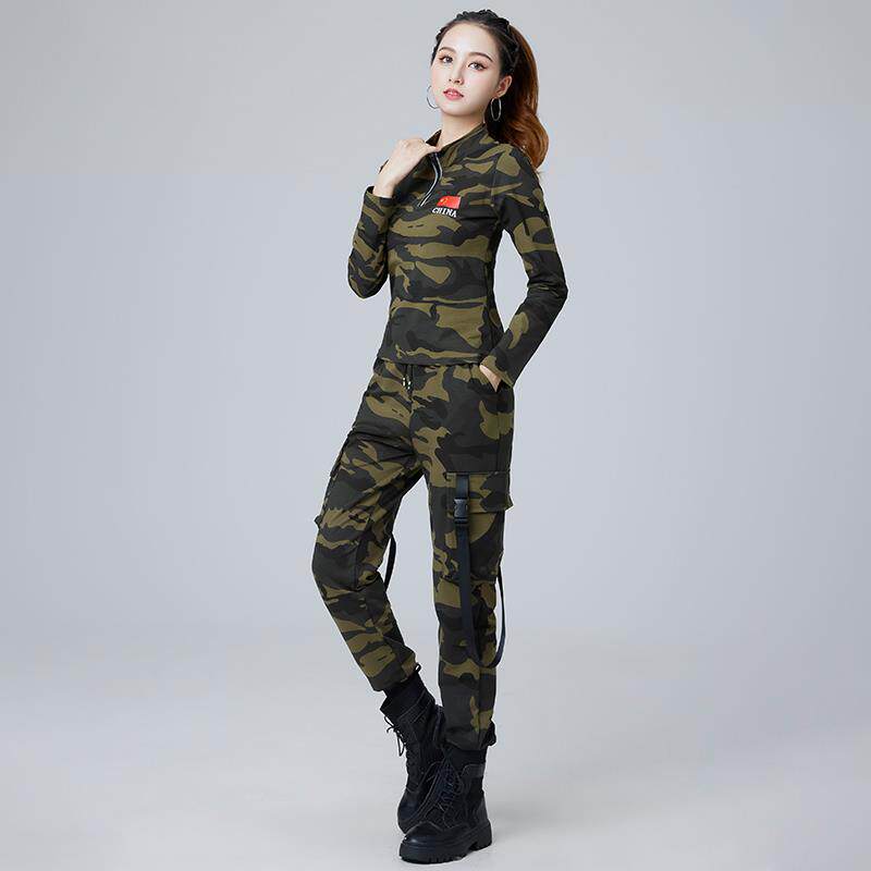 新款杨丽萍广场舞运动装新款军绿色t恤女迷彩工装裤套装水兵舞演