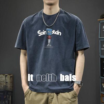 it neith BIAS潮牌美式卡通印花男士短袖t恤水洗复古休闲纯棉上衣
