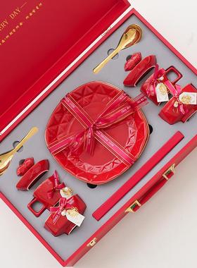 纪恋订婚结婚红色碗碟餐具套装送新人乔迁家用盘子碗筷组合装礼品