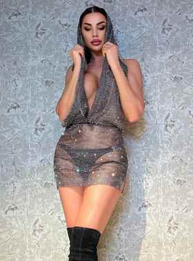 Hottie Tight Dress Fishnet Rhinestone Neck Dress Dress