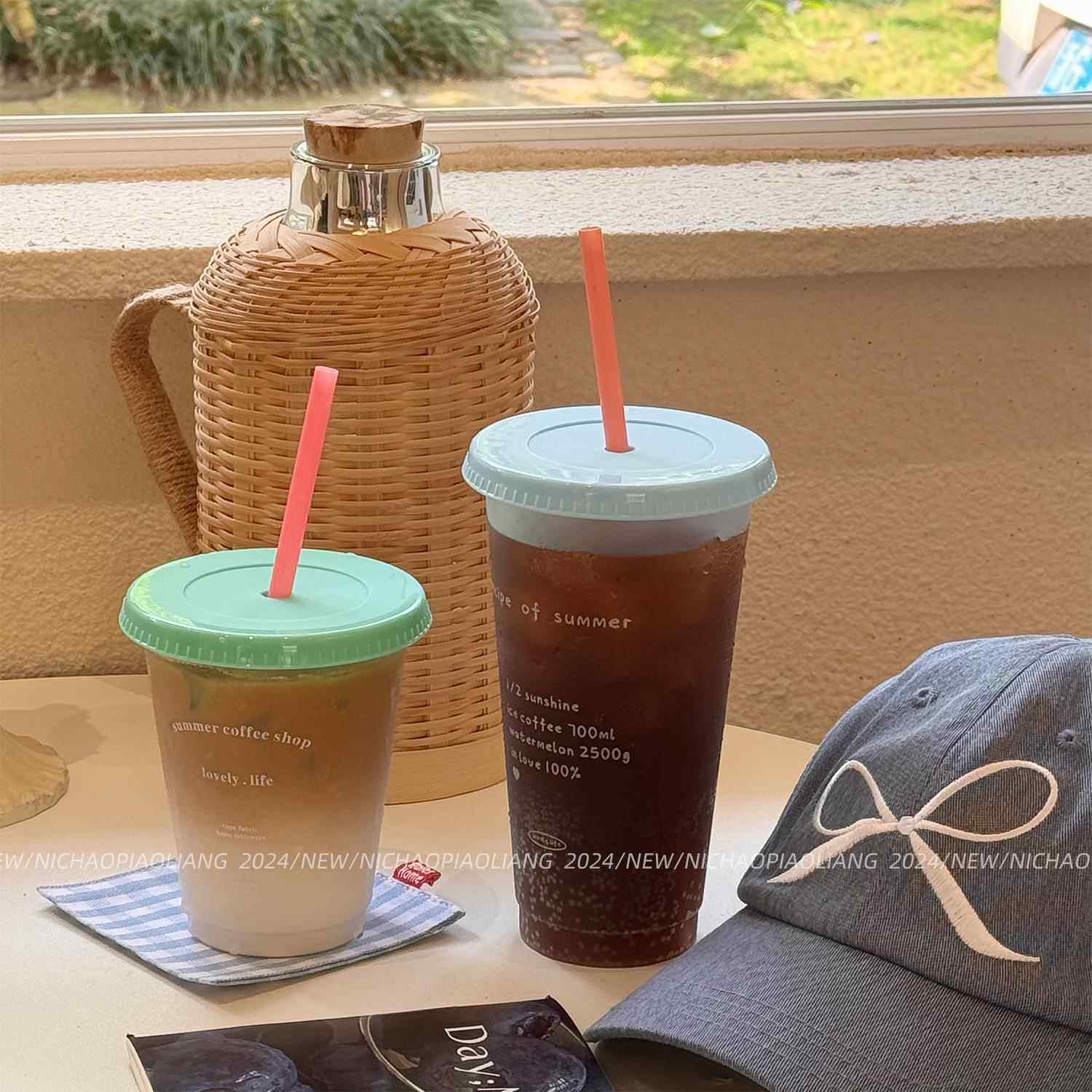 夏天ins风大容量水杯随行杯女高颜值塑料吸管杯随身可携式咖啡杯