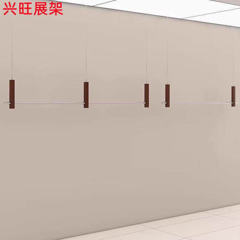 服装店不锈钢吊杆展示架胡桃木纹色悬吊式天花板悬挂衣架男女装店