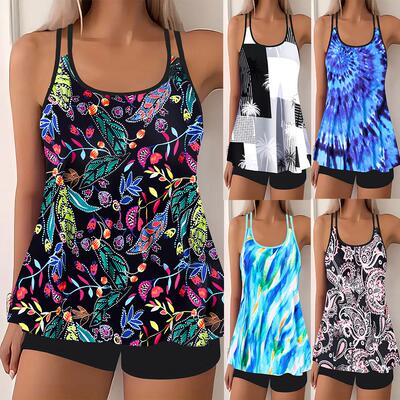 Printed belly covering slimming plus size split swimsuit