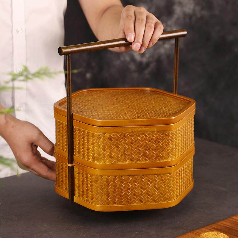 手工竹编提篮双层带盖食盒中式复古茶具收纳盒家用圆形糕点送餐篮